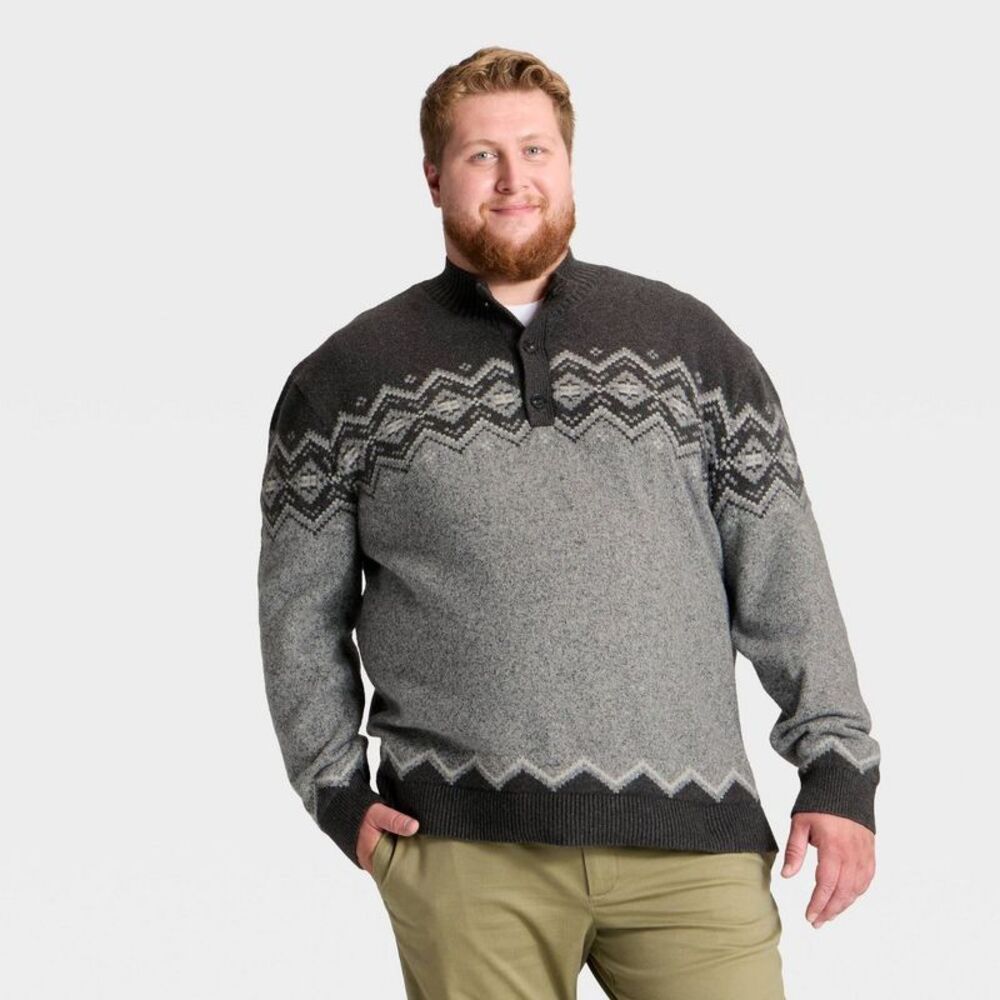 Goodfellow & Co - Men's Big & Tall Fair Isle Mock Neck Button Sweate Gray